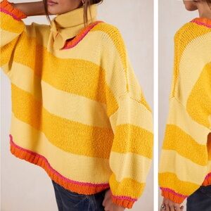 Free People Yellow and Orange Striped Turtleneck Sweater with Pink Trim